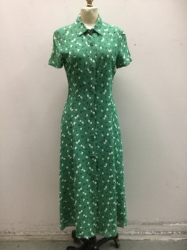 Womens, Dress, Short Sleeve, REFORMATION, Green, White, Black, Yellow, Viscose, Floral, 4, Green with White/black Flowers, Button Front, Collar Attached, Short Sleeves, Calf Length Hem