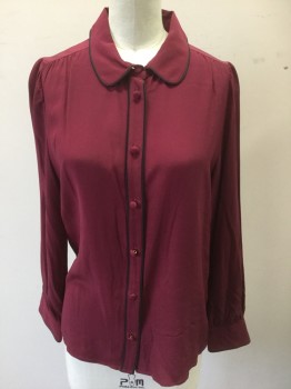 RED VALENTINO, Maroon Red, Black, Silk, Solid, Long Sleeve Button Front, Peter Pan Collar, Black Piping Trim on Collar, Button Placket, & Cuffs, Self Fabric Covered Buttons, Gathered at Shoulder Seam
