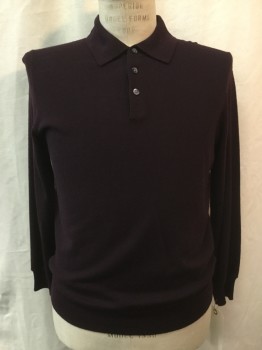 Mens, Pullover Sweater, BLOOMINGDALE'S, Plum Purple, Wool, Solid, S, Polo, C.A., 3 Buttons, L/S