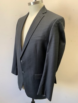 CALVIN KLEIN, Dk Gray, Charcoal Gray, Wool, Check , Single Breasted, Notched Lapel, 2 Buttons, 3 Pockets
