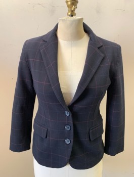 Womens, Blazer, RON HERMAN, Navy Blue, Blue, Red Burgundy, Wool, Polyester, Grid , Sz.1, B:32, Single Breasted, 3 Buttons, Notched Lapel, Fitted, 2 Pocket, Purple with Navy Dots Lining