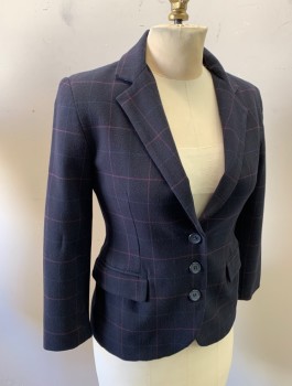 Womens, Blazer, RON HERMAN, Navy Blue, Blue, Red Burgundy, Wool, Polyester, Grid , Sz.1, B:32, Single Breasted, 3 Buttons, Notched Lapel, Fitted, 2 Pocket, Purple with Navy Dots Lining