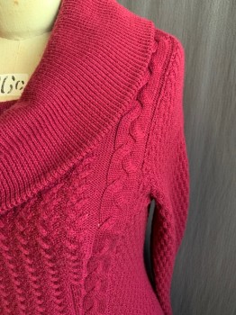 CLASSIQUES ENTIER, Raspberry Pink, Wool, Cable Knit, Diamonds, Ribbed Knit Cowl,  Chevron Knit Front with Cable Knit Stripes, Diamond Knit Sides and Sleeves, Ribbed Knit Waistband/Cuff