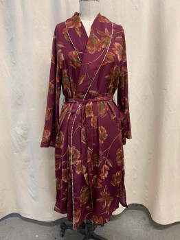 MIDNIGHT, Red Burgundy, Faded Red, Lt Pink, Yellow, Polyester, Floral, Surplice Shawl Collar, Long Sleeves, Belted Waist, Below the Knee Length, Beige Piping