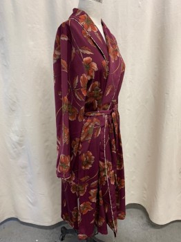 Womens, SPA Robe, MIDNIGHT, Red Burgundy, Faded Red, Lt Pink, Yellow, Polyester, Floral, M, Surplice Shawl Collar, Long Sleeves, Belted Waist, Below the Knee Length, Beige Piping