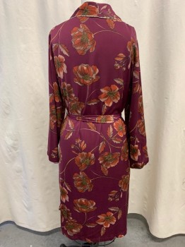 Womens, SPA Robe, MIDNIGHT, Red Burgundy, Faded Red, Lt Pink, Yellow, Polyester, Floral, M, Surplice Shawl Collar, Long Sleeves, Belted Waist, Below the Knee Length, Beige Piping