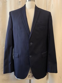 SY DEVORE, Navy Blue, Wool, Solid, Notched Lapel, Collar Attached, 2 Buttons,  3 Pockets,