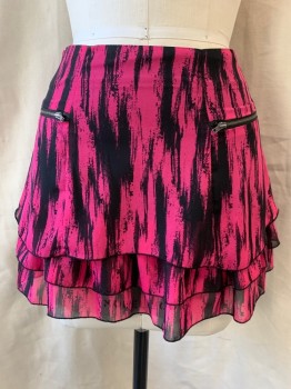 Womens, Skirt, Mini, MATERIAL GIRL, Hot Pink, Black, Poly/Cotton, Stripes, S, Layered, Zip Pockets, Zip Back