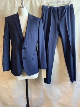 Mens, Suit, Jacket, HUGO BOSS, Navy Blue, Wool, Solid, 40 R, Notched Lapel, Collar Attached, 2 Buttons,  3 Pockets, Double Vents