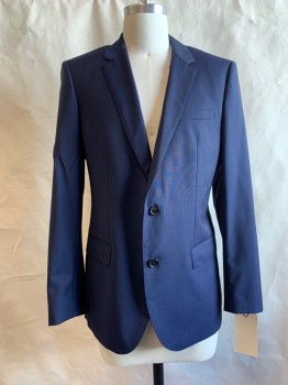Mens, Suit, Jacket, HUGO BOSS, Navy Blue, Wool, Solid, 40 R, Notched Lapel, Collar Attached, 2 Buttons,  3 Pockets, Double Vents