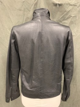 Mens, Leather Jacket, JOHN VARVATOS, Black, Leather, Solid, 42, Zip Front, Rounded Collar Attached, Snap Tab Collar, Long Sleeves, Snap Cuff, 3 Zip Pockets