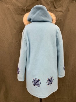 Womens, Coat, NORTHERN SUN, Baby Blue, Wool, Solid, B 34, Embroidered Snowflakes in Navy/Red/Green/Yellow, Zip Front, 2 Pockets, Hood, Cream Fur Hood with Rope Tie with Fur Pom Poms, Interior Drawstring Waist.