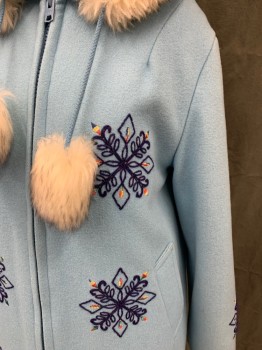 Womens, Coat, NORTHERN SUN, Baby Blue, Wool, Solid, B 34, Embroidered Snowflakes in Navy/Red/Green/Yellow, Zip Front, 2 Pockets, Hood, Cream Fur Hood with Rope Tie with Fur Pom Poms, Interior Drawstring Waist.