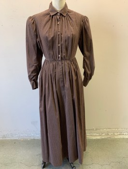 Womens, Historical Fiction Dress, N/L, Brown, Olive Green, Brick Red, Turquoise Blue, Cotton, Calico , Floral, W:26, B:36, Long Sleeves, Button Front, Collar Attached, Gathered at Waist, Puffy Gathered Sleeves with Horsehair Structure Underneath, Floor Length, Made To Order Reproduction - Early 1900's Prairie Settler