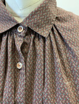 N/L, Brown, Olive Green, Brick Red, Turquoise Blue, Cotton, Calico , Floral, Long Sleeves, Button Front, Collar Attached, Gathered at Waist, Puffy Gathered Sleeves with Horsehair Structure Underneath, Floor Length, Made To Order Reproduction - Early 1900's Prairie Settler