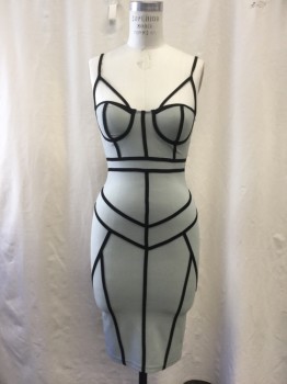 PRIVY, Sage Green, Black, Polyester, Spandex, Geometric, Fitted with Black Geometric Piping, Black Shoulder straps., Zipper Center Back. Seam Starting to Open Just Below Zipper in Back