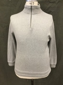 J CREW, Lt Gray, Cotton, Solid, 1/4 Zip Front, Ribbed Knit High Collar, Long Sleeves, Vertical and Horizontal Ribbed Knit Cuff/Waistband