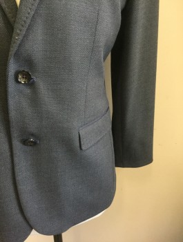 TED BAKER, Slate Blue, Gray, Polyester, Viscose, Birds Eye Weave, Dotted Weave, Single Breasted, Notched Lapel with Hand Picked Stitching, 2 Buttons, 3 Pockets, Navy Faille Accents on Lapel and Pockets,  Lining is Detailed Living Room Print