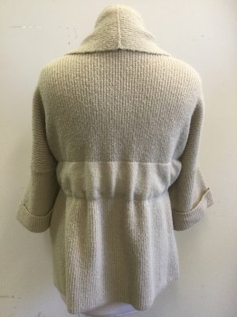 AKEMI KIN, Beige, Acrylic, Polyester, Solid, Matching Belt, Rib Knit, Short Sleeves with Cuff, Belt is in Large Belt Casing Center Back, Wide Shawl Collar,