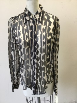 MAXMARA, Cream, Black, Beige, Silk, Geometric, Stripes, Silk Chiffon, Long Sleeves, Button Front, Collar Attached,