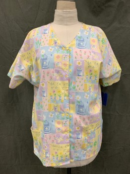 Womens, Nurse, Top/Smock, BARCO, Lt Yellow, Lt Blue, Pink, Green, White, Poly/Cotton, Floral, Patchwork, L, Snap Front, V-neck, Short Sleeves, 2 Pockets