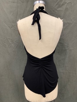 CYNTHIA VINCENT, Black, Rayon, Spandex, Solid, Halter Tie Back, Gathered at Center Front, Beaded and Rhinestone Circles Down Center Front, Asymmetrical Hem, Gathered at Center Back