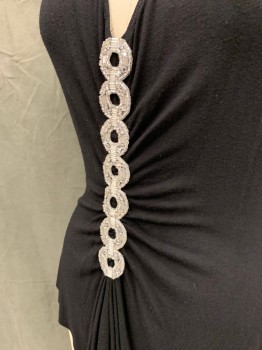 CYNTHIA VINCENT, Black, Rayon, Spandex, Solid, Halter Tie Back, Gathered at Center Front, Beaded and Rhinestone Circles Down Center Front, Asymmetrical Hem, Gathered at Center Back