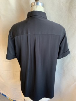 THEORY, Black, Silk, Spandex, Solid, Collar Attached, Button Front, 1 Pocket, Short Sleeves, Curved Hem