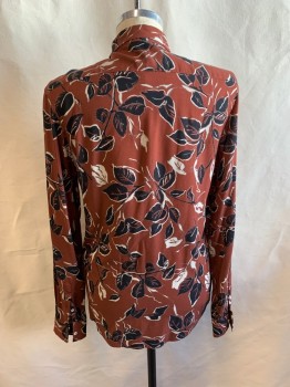 Mens, Casual Shirt, ZARA, Brown, Black, Gray, Beige, Viscose, Leaves/Vines , S, Collar Attached, Button Front, Long Sleeves