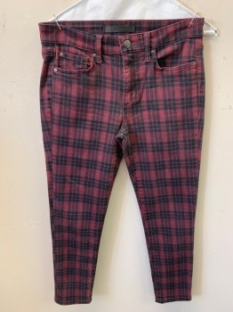 JOES JEANS, Maroon Red, Black, Cotton, Synthetic, Plaid, Skinny, Zip Front, Button Closure, 5 Pockets, Flat Front, Chrome Notions