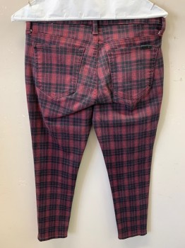 Womens, Pants, JOES JEANS, Maroon Red, Black, Cotton, Synthetic, Plaid, 27, Skinny, Zip Front, Button Closure, 5 Pockets, Flat Front, Chrome Notions