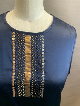 Womens, Top, BANANA REPUBLIC, Navy Blue, Polyester, Solid, 2P, Petite, Side Zipper, Round Neck with Bib of Sequins & Beads, Sleeveless, Pulling Apart at Back Darts See Detail Photo,