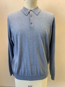 NORDSTROM, French Blue, Wool, Heathered, Polo, L/S, 3 Buttons, Collar Attached,
