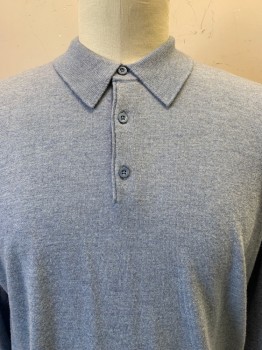 NORDSTROM, French Blue, Wool, Heathered, Polo, L/S, 3 Buttons, Collar Attached,