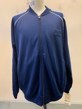 Mens, Sweatsuit Jacket, ADIDIAS, Navy Blue, White, Polyester, Cotton, Solid, 2XL, L/S, Zip Front, Side Pockets, Stripes On Sleeves,