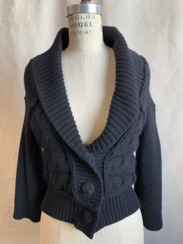 Womens, Cardigan Sweater, JUICY COUTURE, Black, Viscose, Wool, Solid, P, Horizontal Cable Knit, Ribbed Knit Shawl Collar, Ribbed Knit Cuff/Waistband, 3 Snap Front