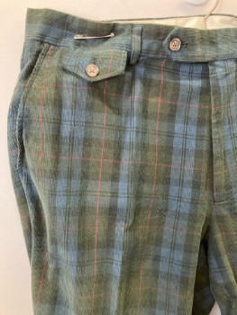 BROOKS BROTHERS, Green, Teal Blue, Red, Plaid, Corduroy, F.F, Zip Front, Belt Loops, 5 Pckts,