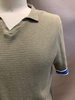 TOPMAN, Olive Green, Blue, Black, White, Cotton, Solid, S/S, Collar Attached, Stripes On Sleeves