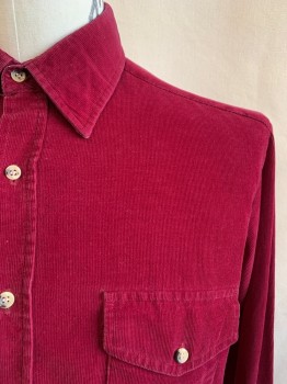 Mens, Casual Shirt, TRADITIONALIST, Maroon Red, Cotton, Solid, L, Collar Attached, Button Front, Long Sleeves, 2 Pockets, Corduroy