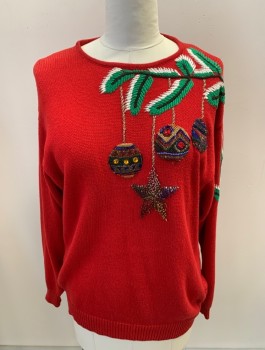 Womens, Pullover, I.B. DIFFUSION, Red, White, Green, Black, Multi-color, Ramie, Cotton, Holiday, M, L/S, CN, Beaded Ivy, Ornament And Star Beaded Embroidery **Snag On Left Side, Stretched Out