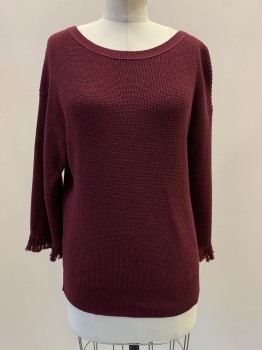 Womens, Pullover, J CREW, Red Burgundy, Polyester, Cotton, Solid, S, L/S, Round Neck, Knit. Fringe Trim On Sleeves,