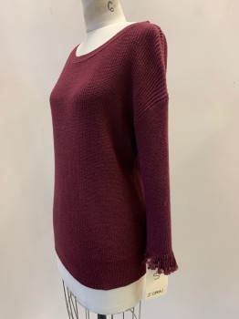 Womens, Pullover, J CREW, Red Burgundy, Polyester, Cotton, Solid, S, L/S, Round Neck, Knit. Fringe Trim On Sleeves,