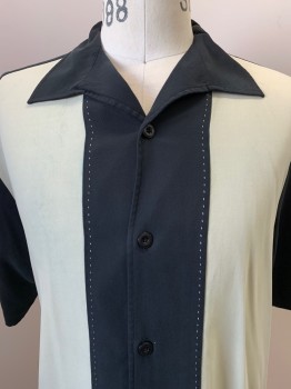 NAT NAST, Black, Beige, Silk, Color Blocking, S/S, Button Front, Collar Attached, Top Stitch Detail, Retro 1950s, Multiple