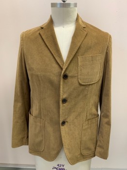 BANANA REPUBLIC, Tan Brown, Cotton, Solid, Corduroy, Single Breasted, 3 Buttons, Notched Lapel, 3 Patch Pockets, Single Vent, MULTI