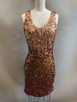 Womens, Cocktail Dress, MANER, Copper Metallic, Polyester, XS, All Over Sequins, V-neck, V-Back, Sleeveless, Body-Con, Hem Above Knee