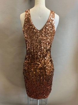 Womens, Cocktail Dress, MANER, Copper Metallic, Polyester, XS, All Over Sequins, V-neck, V-Back, Sleeveless, Body-Con, Hem Above Knee