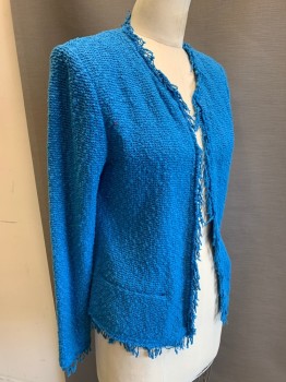 Womens, Blazer, IRO, Turquoise Blue, Cotton, Polyamide, Solid, S, 4, 36, Fringed Trim, Open Front, Knit, 2 Pockets,