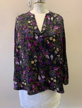 Womens, Blouse, AVA + VIV, Purple, Navy Blue, Multi-color, Polyester, Floral, 2X, Band Collar, V-N, L/S, Purple, Lavender, Beige, and Green Floral Print