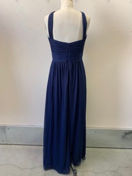Womens, Evening Gown, Davids Bridal, Navy Blue, Polyester, Solid, 8, Halter Top  with Looped Straps, Pleated, Waist Band, Back Zipper,