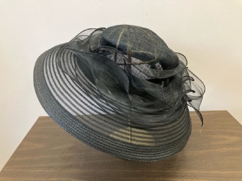 SCALA, Black, Polyester, Solid, Stiff Mesh, Shallow Flat Crown, Striped Brim with Braided Border, Layered Bands Of Organza Ribbon Around Crown